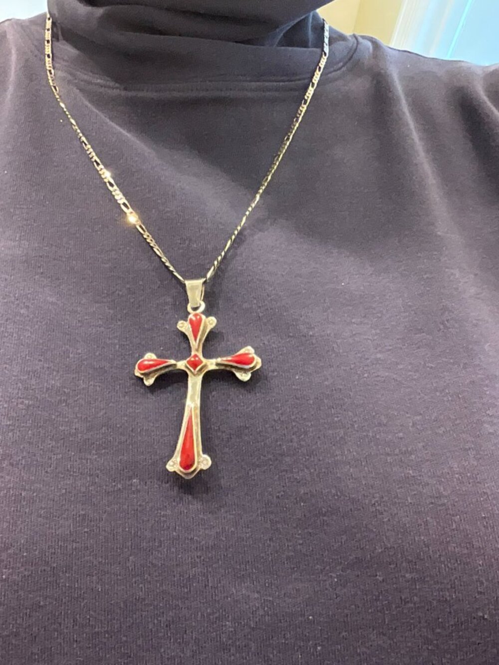 Large Vintage 925 silver and red jasper fancy cross with chain - Picture 2 of 6